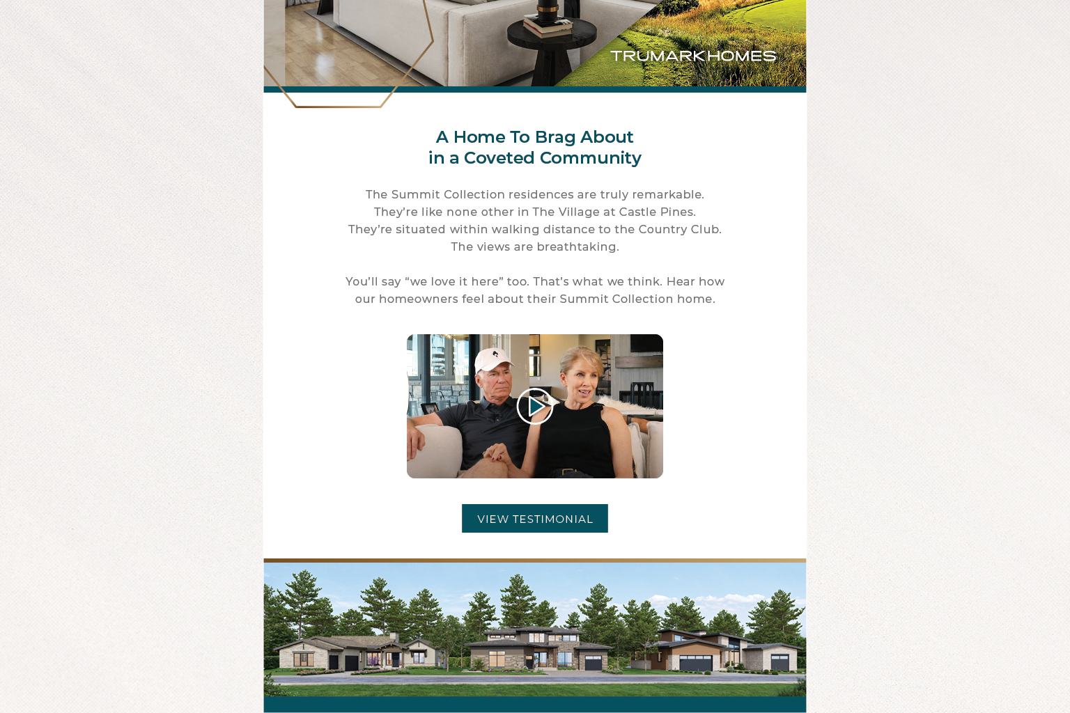 A snapshot of a drip campaign email for Trumark Homes showcasing testimonial strategies from AB1.